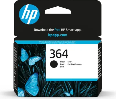 The image shows the packaging of an HP 364 black ink cartridge, featuring blue butterflies and grass.