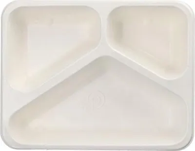 Produktbild von Siegelschalen Zuckerrohr 3-geteilt 1000 ml 4,9 cm x 22,7 cm x 17,8 cm weiss