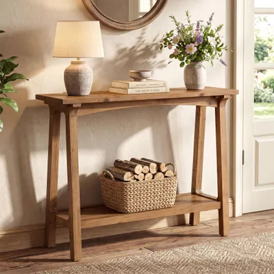Produktbild von Konsolentisch, 100 cm Eingangstisch, 2-stöckig Sofatisch, Flurtisch aus Massivholz, für Flur, Wohnzimmer oder Eingangsbereich, rustikales Braun
