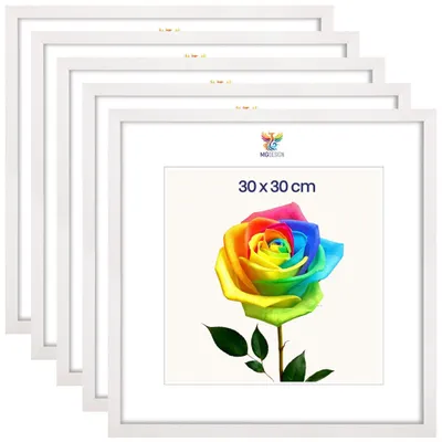 Produktbild von MG Design 5er Set Bilderrahmen 30 x 30 cm - Posterrahmen mit Weiß Echtholzrahmen und bruchsicherem Acrylglas, Hoch & Quer mit stabiler Wandaufhängung