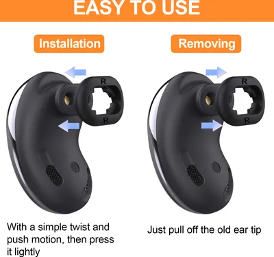 Diagrams showing how to install and remove ear tips from earbuds.