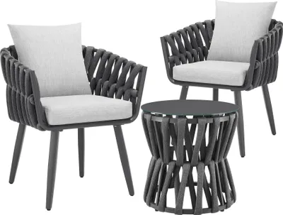 Produktbild von tectake Gartenmöbel-Set Lugano Tisch 2 Stühle Rope-Design Aluminium wetterfest Polster Sicherheitsglas Anthrazit 62x66x75cm Ø46cm