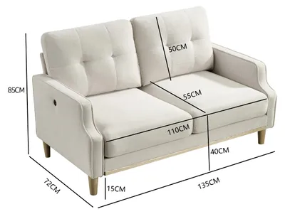 Zdjęcie produktu dla Sofa dwuosobowa z portem USB do ładowania i drewnianymi nogami, tapicerowana tkaniną, z grubymi poduszkami, idealna do małych mieszkań