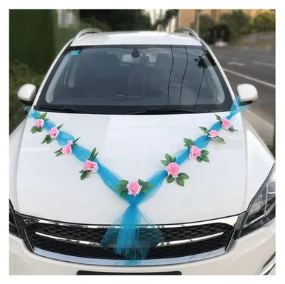 Immagine prodotto di Decorazioni per auto da matrimonio, set da 2 pezzi: nastri di organza rosa con decorazioni floreali a forma di rosa