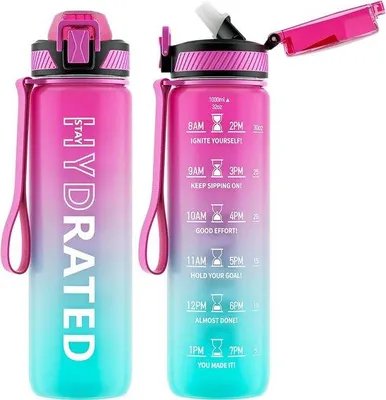 Produktbild von Famanu Trinkflasche 1 Liter mit Strohhalm und Zeitmarkierungen - BPA-frei