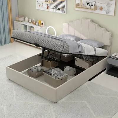 Obrázek produktu pro okwish postel pro mládež 160x200 s pohodlným a měkkým čelem, rám postele s úložným prostorem, čalouněná postel s hydraulickým mechanismem, béžová (s matrací)