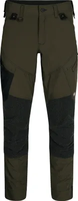 A pair of green work pants with black accents and textured panels on the lower legs, shown against a white background.