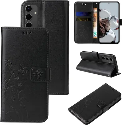 Produktbild von Handyhülle für Samsung Galaxy S24 FE Floral Blumen Schmetterling Flip Cover Hülle Case Klapphülle Handytasche Farbe: Schwarz