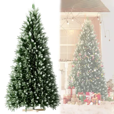 Zdjęcie produktu dla Sztuczna choinka UISRBRT 210 cm PVC, choinka z białymi końcówkami w sprayu, sztuczna choinka z drewnianym stojakiem, choinka do dekoracji świątecznych