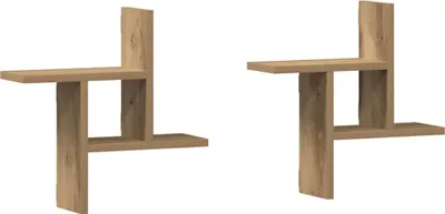 Two identical wooden shelves are shown against a white background.