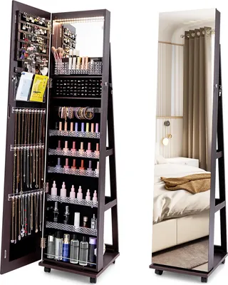 Image de COSTWAY Armoire à bijoux sur roulettes, armoire de toilette avec lampes LED & étagères, miroir sur pied, étagère à bijoux, miroir intégral pour le maquillage, brun foncé
