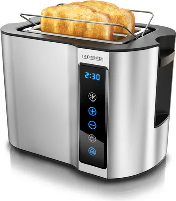 A stainless steel toaster with two slices of bread in it, shown from a diagonal front-left angle on a white background.