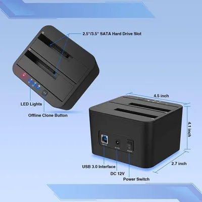 Obrázok produktu pre Dokovacia stanica pre externé pevné disky USB 3.0 SATA, 2,5- a 3,5-palcové disky SATA HDD alebo SSD, podpora offline klonovania, čítačka kariet TF a SD