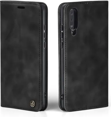 A black flip-style phone case for a Samsung Galaxy A50 is shown from two angles.
