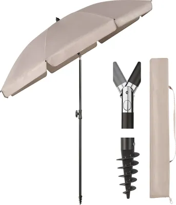 A beige umbrella with its pole, a screw-in base, and a carrying case, all displayed against a white background.