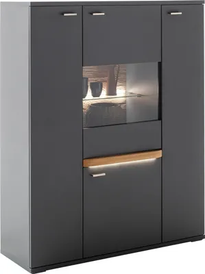 Produktbild von Highboard - Royal Grau Nachbildung - Balkeneiche massiv - B 110 cm - mit LED-Frontbeleuchtung