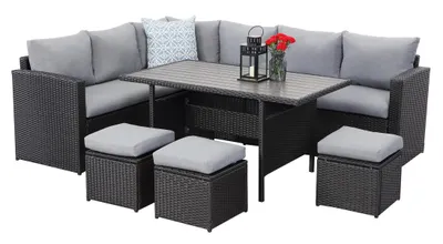 Produktbild von MeXo von GLP HOME Gartenlounge-Set Wetterfest Polyrattan Sitzgruppe Gartenmöbel-Set für 6-10 Personen, (Gartengarnitur, Loungeset mit Kissen, 2-Sitzer, Ecksofa, Esstisch, 3 Hocker), Essgruppe für Terrasse Garten Lounge Balkon Indoor Outdoor