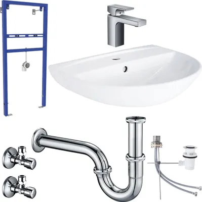 Produktbild von Waschbecken Komplettset Tulpe 55 cm mit Hansgrohe Armatur und Vorwandelement Ablaufgarnitur Siphon Schell Eckventil