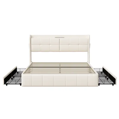 Image de CDGlobal Lit rembourré Lit double 160x200 cm avec USB, Lit de rangement 4 tiroirs de rangement,sommier à lattes en bois, Lit moderne Cadre de lit en métal, PU, Beige