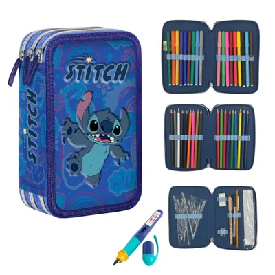 Produktbild von Federmäppchen 3 Fächer - Mäppchen für Mädchen und Jungen - Federmappe 3-Fach Federtasche Gefüllte Schüleretui Schulmäppchen und Füller - Stitch