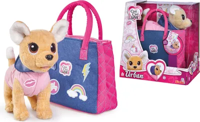 Immagine prodotto di Cagnolino ChiChi LOVE Urban 20cm - felpa con cappuccio rosa, borsa di jeans, adesivo in tessuto