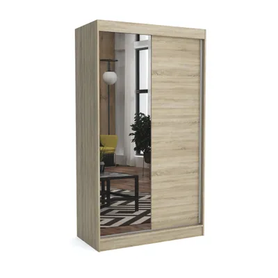 Produktbild von Kleiderschrank JOHN SONOMA EICHE, 100x60x215 cm –mit Schiebetüren & Spiegel, Kleiderstange & Regalfächer, Schlafzimmerschrank, Garderobenschrank,