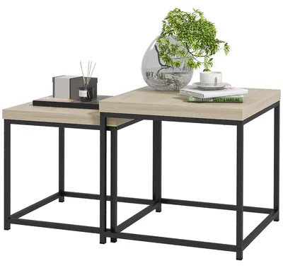 Produktbild von Set aus 2 Satztischen, quadratischen Couchtischen, Wohnzimmertischen mit Stahlgestell und Spanplattenplatten
