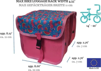 Produktbild von Kinder Fahrradtasche Doppeltasche – Satteltasche für 14-20 Zoll Kinderfahrrad – Gepäckträgertasche, wasserabweisend & leicht 47. Mini - Flamingo
