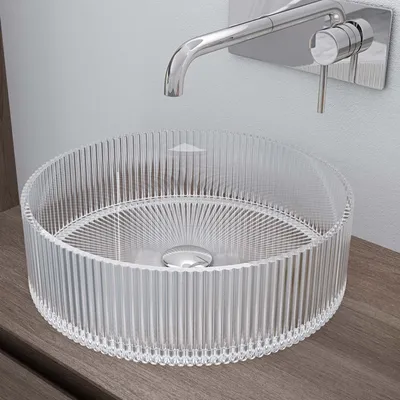 Produktbild von doporro Aufsatzwaschbecken Glas Transparent Rund 40x40x12cm Minerva01 DIN-Anschlüsse einfache Montage aus einem Stück ohne Spleißnähte widerstandsfähige Oberfläche abgerundete Kanten hochtemperaturgebrannt