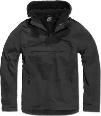 A black windbreaker jacket is shown against a white background.