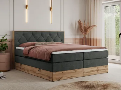 Obrázek produktu pro Boxspring kontinentální postel VENETO KING kombinace dřeva a látky - 180x200 cm - Multipocket H4|Šedá Strukturovaná látka - Topper T25