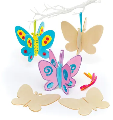 Produktbild von Holzvlinder Bastelset Kinder 3D Schmetterling - 6 Stück - Zum Bemalen und Verzieren - Mehrfarbig