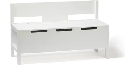 A white storage bench with a backrest, shown from the front.