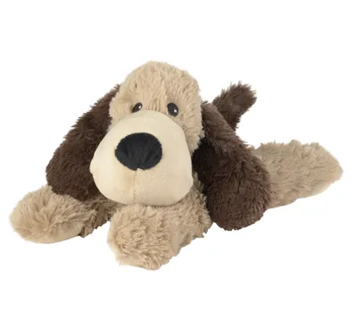 A plush toy dog lying down on a white background.