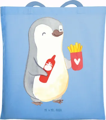 Produktbild von Mr. & Mrs. Panda Shopping Tasche Pinguin Pommes - Sky Blue - Geschenk, Jahrestag, Freundin, Tote Bag, Stoffbeutel, Valentinstag, für Frauen, Schultasche, Uni, Freund