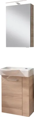 Produktbild von FACKELMANN SBC B.CLEVER Gäste WC Waschtisch Set mit Spiegelschrank 45 cm breit, Braun hell, Türanschlag links  Komplettset für kleine Bäder