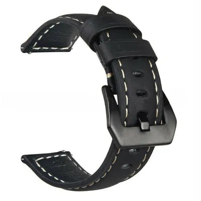 A black leather watch strap with white stitching and a black buckle is shown against a white background.