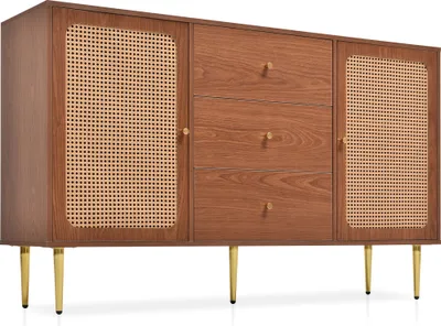 Produktbild von Merax Kommode Sideboard 150 cm mit 2 Türen und 3 Schubladen, Vintage Kommode Rattan-Design mit höhenverstellbare Ablage und Metallbeine, Nussbaum, MDF