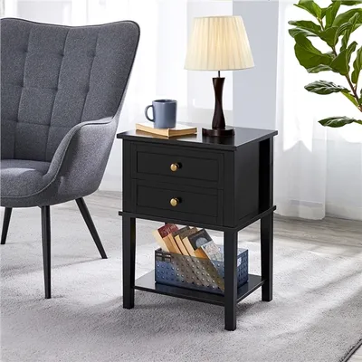 Produktbild von Yaheetech Nachttisch, Nachtkommode, Beistelltisch mit Schubladen und Ablage, Nachtschrank, Schlafzimmer, Wohnzimmer, einfacher Aufbau, Holz, Nordisch-Design,  schwarz