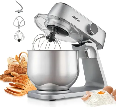 Image de Robot de cuisine VEVOR pour la pâtisserie, robot pâtissier de 1800 W avec cuves en acier inoxydable (7,4 L) & crochets pétrisseurs & fouets & fouets, 10 vitesses réglables batteur inclinable batteur sur socle
