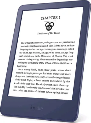 A dark blue Amazon Kindle e-reader displaying the first page of a book.