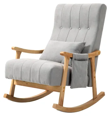 Produktbild von Schaukelstuhl mit Rückenlehne, Lendenkissen, Holzkufen, Relaxsessel in Leinenoptik, grau