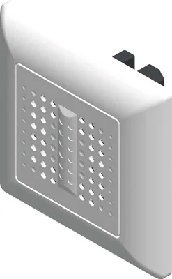 A 3D rendering of a white electrical component with a perforated front panel and a central toggle switch.