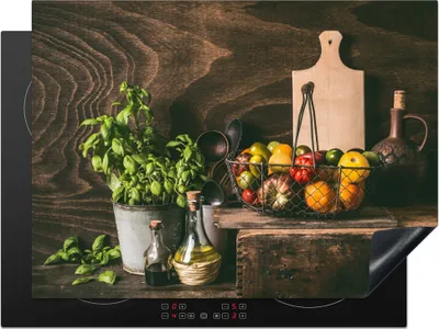 Produktbild von KitchenYeah© Herdabdeckplatte Gemüse - Kräuter - Rustikal - Stilleben - Basilikum , 70x52cm, Küche Deko, Glaskeramikkochfeld Herdabdeckung, Abdeckplatte fùr Kochfeld