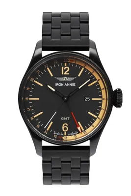 A close-up, studio shot of a black wristwatch with a black metal band, displayed against a white background.