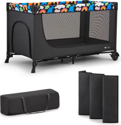 Produktbild von Kinderkraft JOY 2-in-1 Reisebett - Zusammenklappbar in 5 Sekunden - Seitlicher Reißverschluss - Mit Tragetasche - Leicht und Robust - Happy Shapes