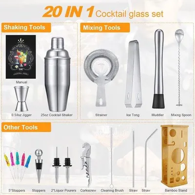 Imagen del producto de Uniqoos® - Set de cocteleras de 16 piezas: coctelera de 750 ml fabricada en acero inoxidable 304, kit completo para bartender que incluye dosificador, pisapulpa, colador y soporte de bambú