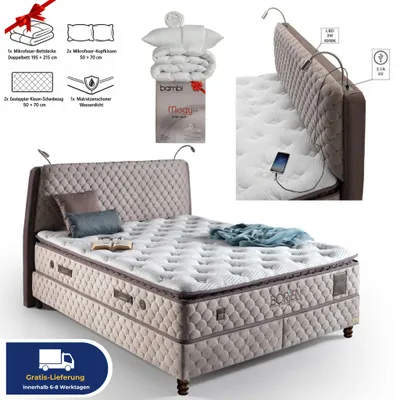 Produktbild von Bambi Boxspringbett 200x200 mit Bettkasten mit Matratzen Borjen Set Stauraum 7-Komfortzonen H3 Beige