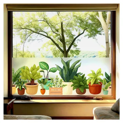 Produktbild von Fensterfolie Sichtschutzfolie Milchglasfolie mit Topfpflanzenmuster statisch haftend ohne Klebstoff wiederverwendbar geeignet für Wohnzimmer, Schlafzimmer, Küche 44,5 x 200 cm