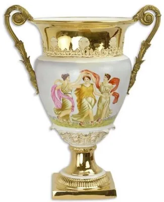 Produktbild von Casa Padrino Barock Deko Vase Weiß / Mehrfarbig / Gold 46,4 x 32 x H. 56,7 cm - Prunkvolle Porzellan Blumenvase mit 2 Bronze Griffen - Deko Accessoires im Barockstil